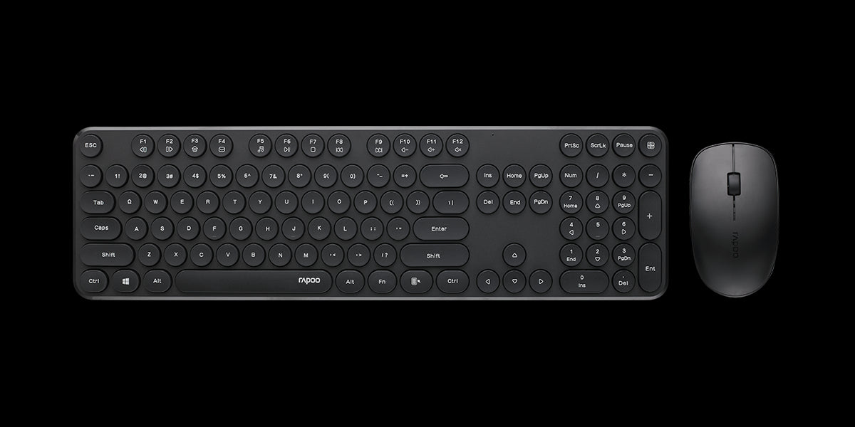 RAPOO Wireless Stylish, Spill-Resistant, Retro Style Round Key, 1000DPI, 2.4G Connection, 10M Range, Nano Receiver, Optical Mouse & Keyboard Black RAPOO Wireless Stylish, Spill-Resistant, Retro Style Round Key, 1000DPI, 2.4G Connection, 10M Range, Nano Receiver, Optical Mouse & Keyboard Black